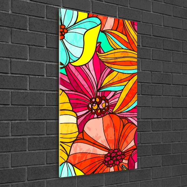 Cuadro decorativo en cristal con canto pulido vertical flores de colores