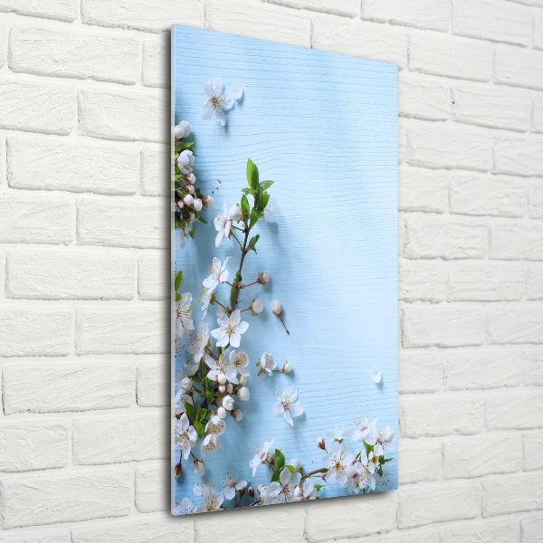 Cuadro de cristal moderno efecto brillo vertical flores de cerezo