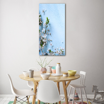 Cuadro de cristal moderno efecto brillo vertical flores de cerezo