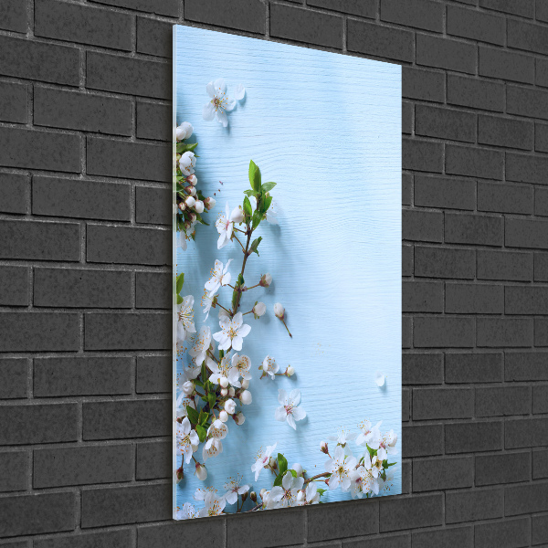 Cuadro de cristal moderno efecto brillo vertical flores de cerezo
