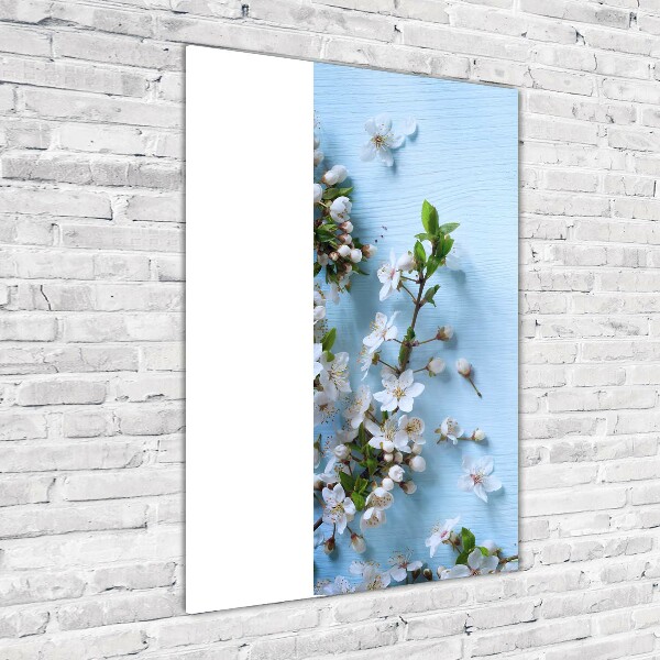 Cuadro de cristal moderno efecto brillo vertical flores de cerezo