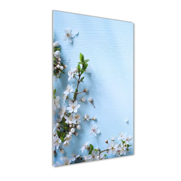 Cuadro de cristal moderno efecto brillo vertical flores de cerezo