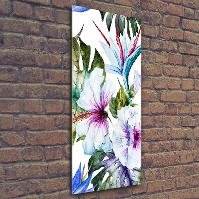 Cuadro de cristal moderno efecto brillo vertical flores hawaianas