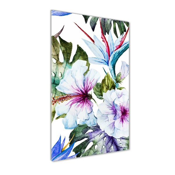 Cuadro de cristal moderno efecto brillo vertical flores hawaianas