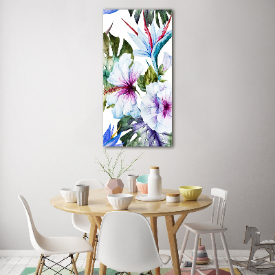 Cuadro de cristal moderno efecto brillo vertical flores hawaianas