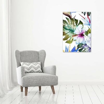 Cuadro de cristal moderno efecto brillo vertical flores hawaianas