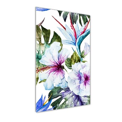 Cuadro de cristal moderno efecto brillo vertical flores hawaianas
