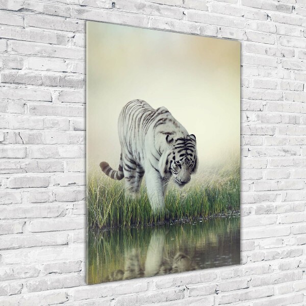 Cuadro decorativo en cristal con canto pulido vertical Tigre blanco
