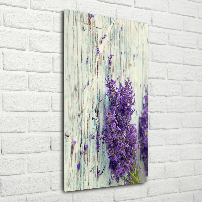 Cuadro de cristal moderno efecto brillo vertical Lavanda sobre madera