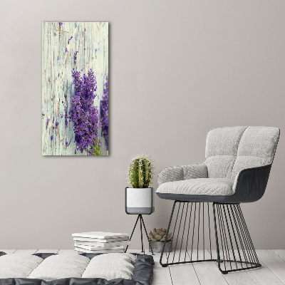 Cuadro de cristal moderno efecto brillo vertical Lavanda sobre madera