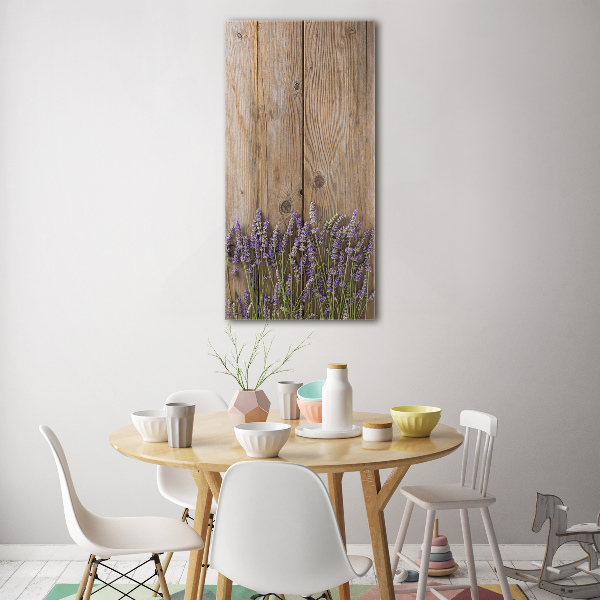 Fotocuadro de cristal elegante para hogar vertical Lavanda sobre madera