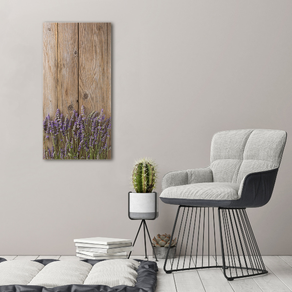 Fotocuadro de cristal elegante para hogar vertical Lavanda sobre madera