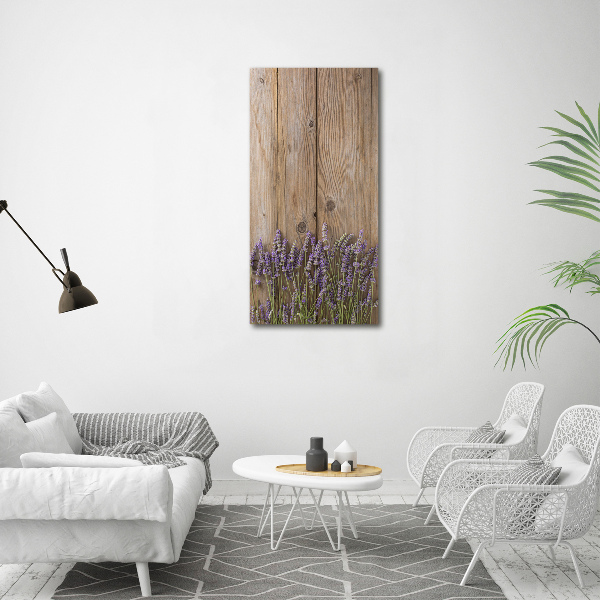 Fotocuadro de cristal elegante para hogar vertical Lavanda sobre madera