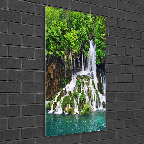 Cuadro decorativo en cristal con canto pulido vertical Cascada en el bosque