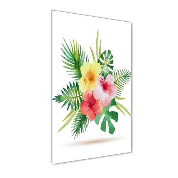 Cuadro de cristal moderno efecto brillo vertical flores hawaianas