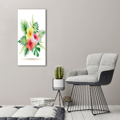 Cuadro de cristal moderno efecto brillo vertical flores hawaianas