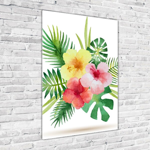 Cuadro de cristal moderno efecto brillo vertical flores hawaianas