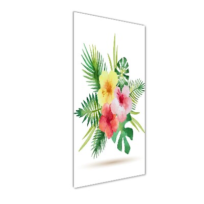Cuadro de cristal moderno efecto brillo vertical flores hawaianas