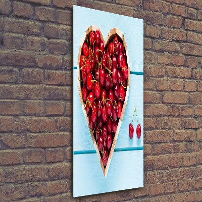 Cuadro de cristal moderno efecto brillo vertical Cerezas en madera