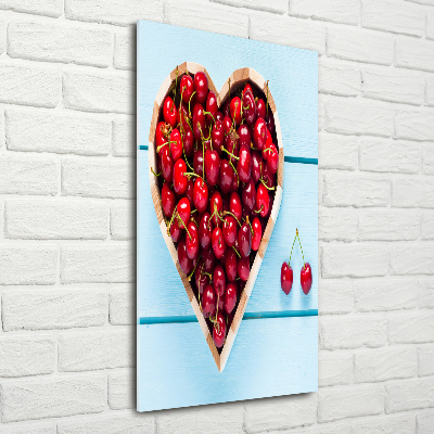 Cuadro de cristal moderno efecto brillo vertical Cerezas en madera