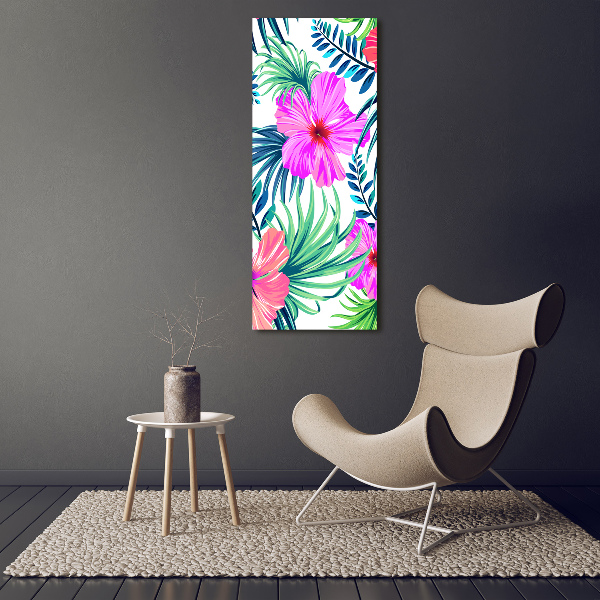 Cuadro decorativo en cristal con canto pulido vertical flores hawaianas