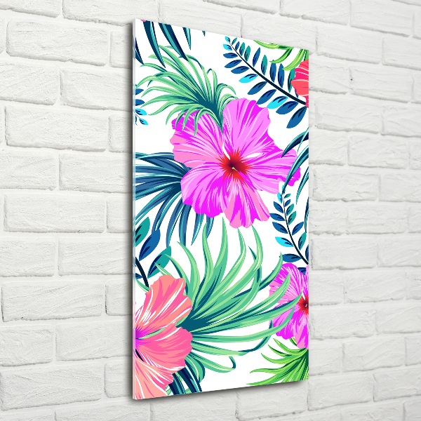 Cuadro decorativo en cristal con canto pulido vertical flores hawaianas