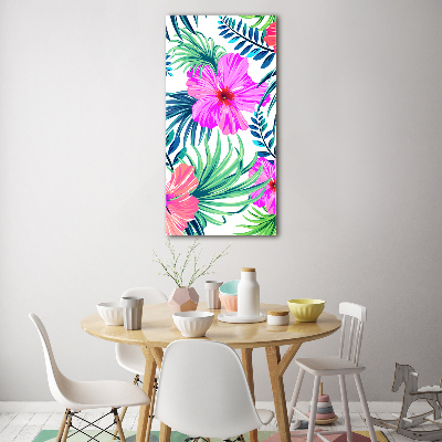 Cuadro decorativo en cristal con canto pulido vertical flores hawaianas