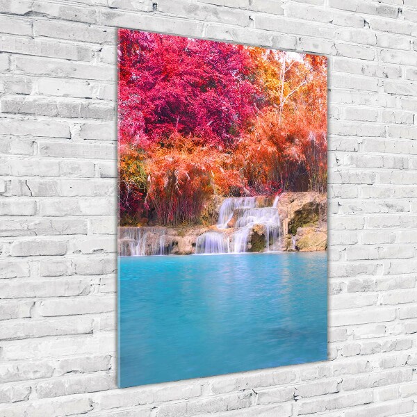 Fotocuadro de cristal elegante para hogar vertical Cascada en el bosque