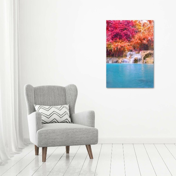 Fotocuadro de cristal elegante para hogar vertical Cascada en el bosque