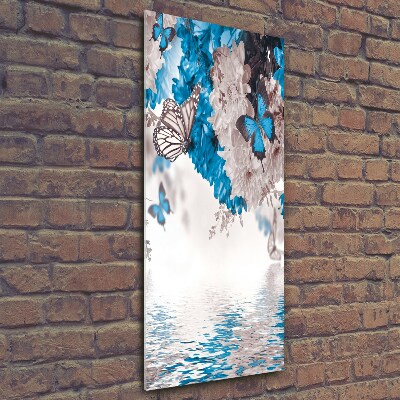 Cuadro decorativo en cristal con canto pulido vertical Flores y mariposas