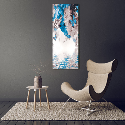 Cuadro decorativo en cristal con canto pulido vertical Flores y mariposas