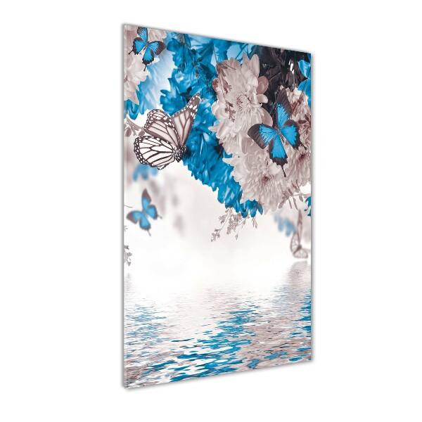 Cuadro decorativo en cristal con canto pulido vertical Flores y mariposas