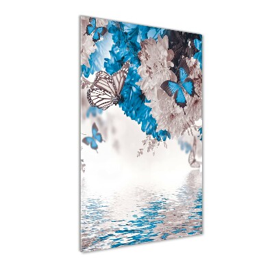 Cuadro decorativo en cristal con canto pulido vertical Flores y mariposas