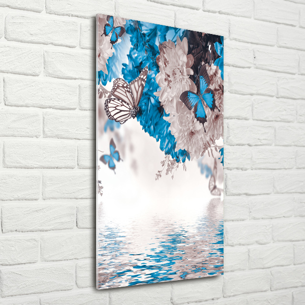 Cuadro decorativo en cristal con canto pulido vertical Flores y mariposas