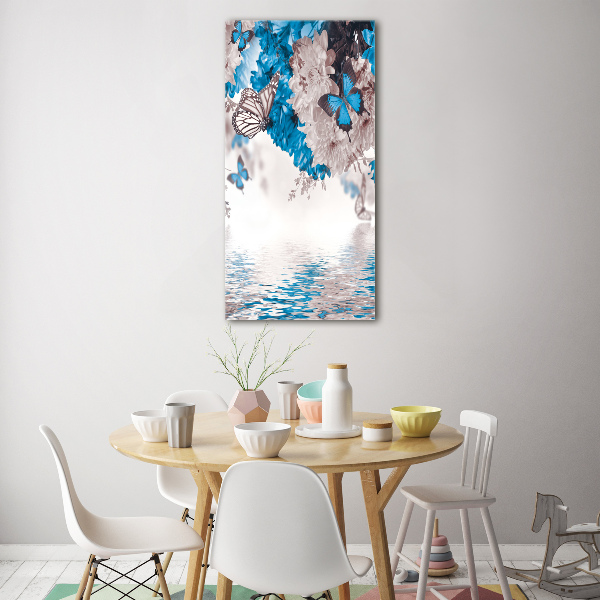 Cuadro decorativo en cristal con canto pulido vertical Flores y mariposas