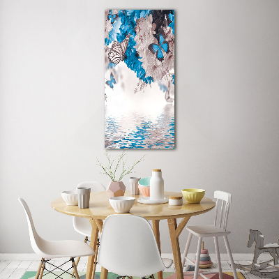 Cuadro decorativo en cristal con canto pulido vertical Flores y mariposas