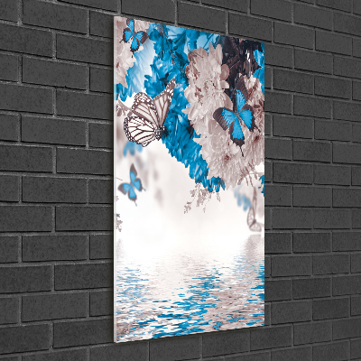 Cuadro decorativo en cristal con canto pulido vertical Flores y mariposas