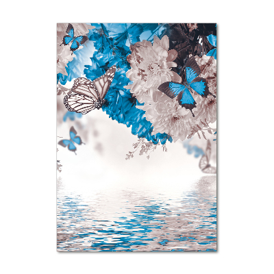 Cuadro decorativo en cristal con canto pulido vertical Flores y mariposas