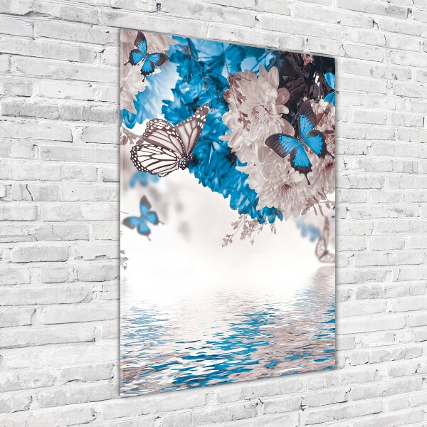 Cuadro decorativo en cristal con canto pulido vertical Flores y mariposas