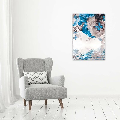Cuadro decorativo en cristal con canto pulido vertical Flores y mariposas