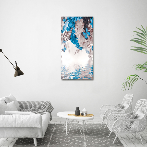 Cuadro decorativo en cristal con canto pulido vertical Flores y mariposas