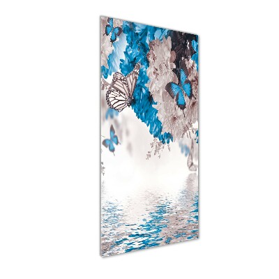 Cuadro decorativo en cristal con canto pulido vertical Flores y mariposas