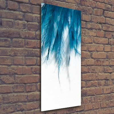 Cuadro de cristal moderno efecto brillo vertical plumas azules