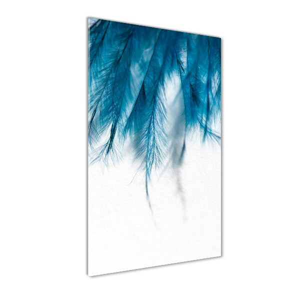 Cuadro de cristal moderno efecto brillo vertical plumas azules