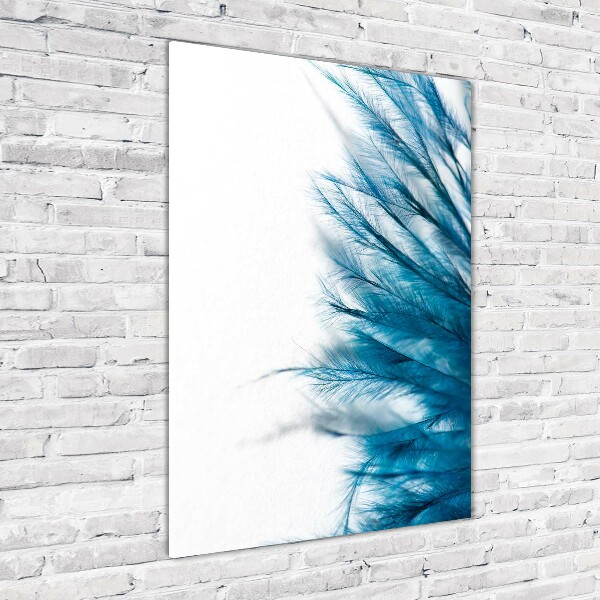 Cuadro de cristal moderno efecto brillo vertical plumas azules
