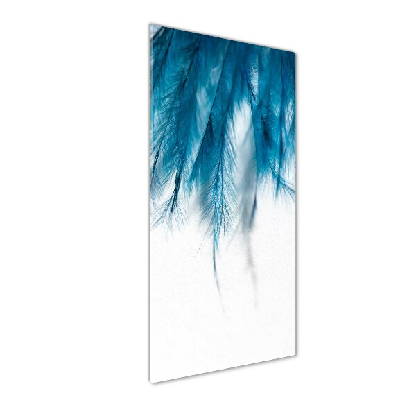 Cuadro de cristal moderno efecto brillo vertical plumas azules