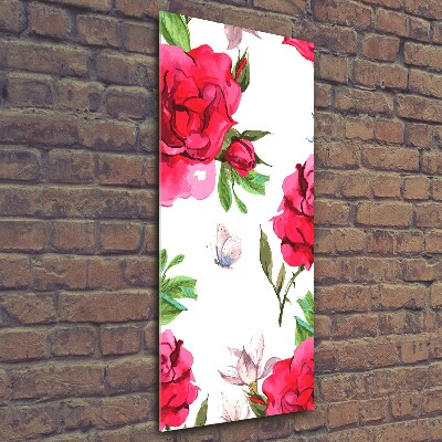 Cuadro de cristal moderno efecto brillo vertical rosas rojas