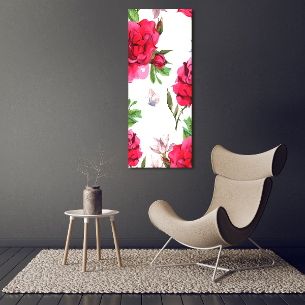 Cuadro de cristal moderno efecto brillo vertical rosas rojas