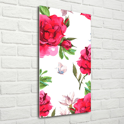 Cuadro de cristal moderno efecto brillo vertical rosas rojas