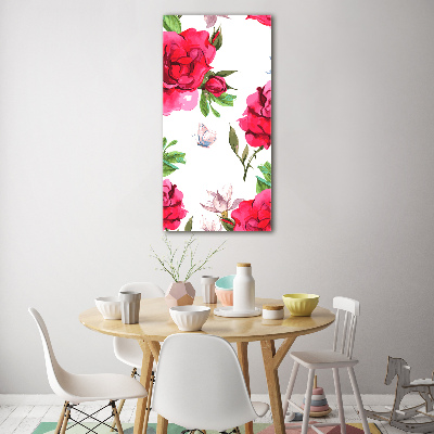 Cuadro de cristal moderno efecto brillo vertical rosas rojas